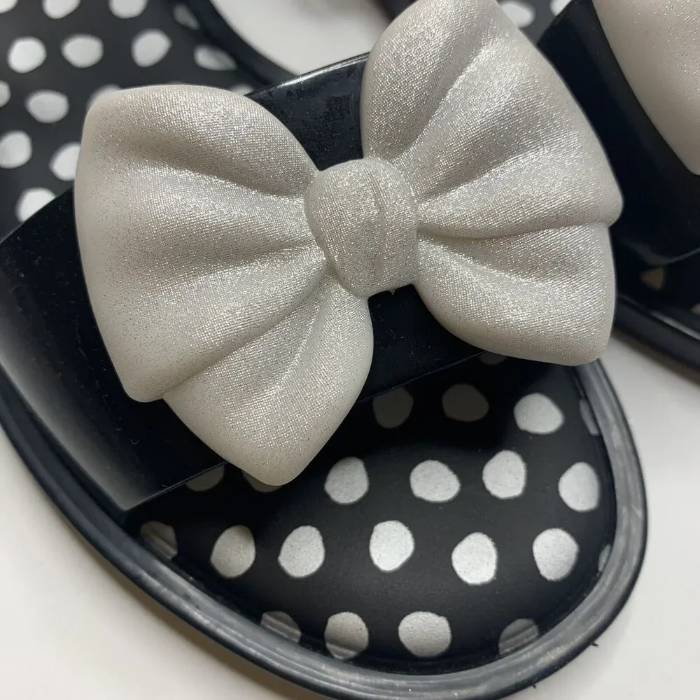 MINI MELISSA Mar Princess Black Silver Bow Jelly Sandals Big Girls Size 3
